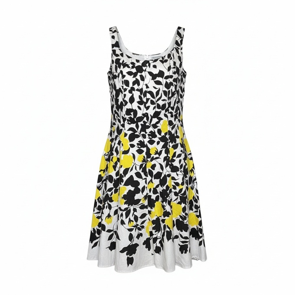 Nine West Fit Flare Dress 8 Yellow Black White Floral Leaf Sleeveless Feminine